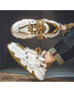 Chunky & Fashionable Sneaker | Running Shoes with Rubber Outsole Sneakers For Men (White, Gold , 8)